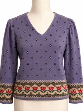 CULLINANE Vintage Purple Fair Isle Floral Knit Sweater V-Neck Cottage-core